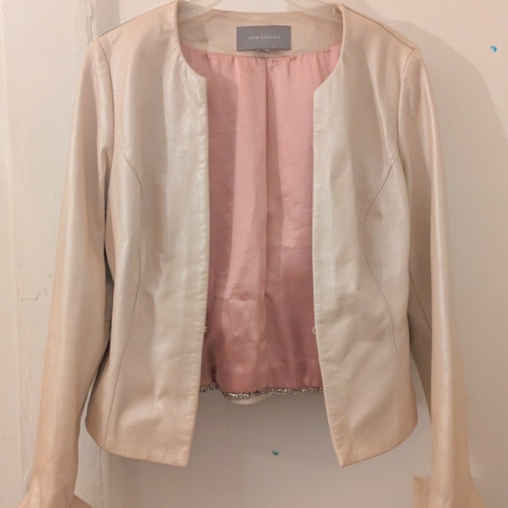 Ann Taylor Leather Jacket Pearl Blush Cropped Blazer Style Size 6